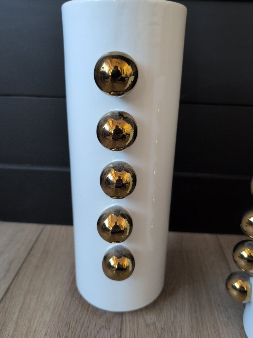 Set Of 2 Ceramic White Cylindrical Decorative Vases With Gold Accents - Picture 6 of 8